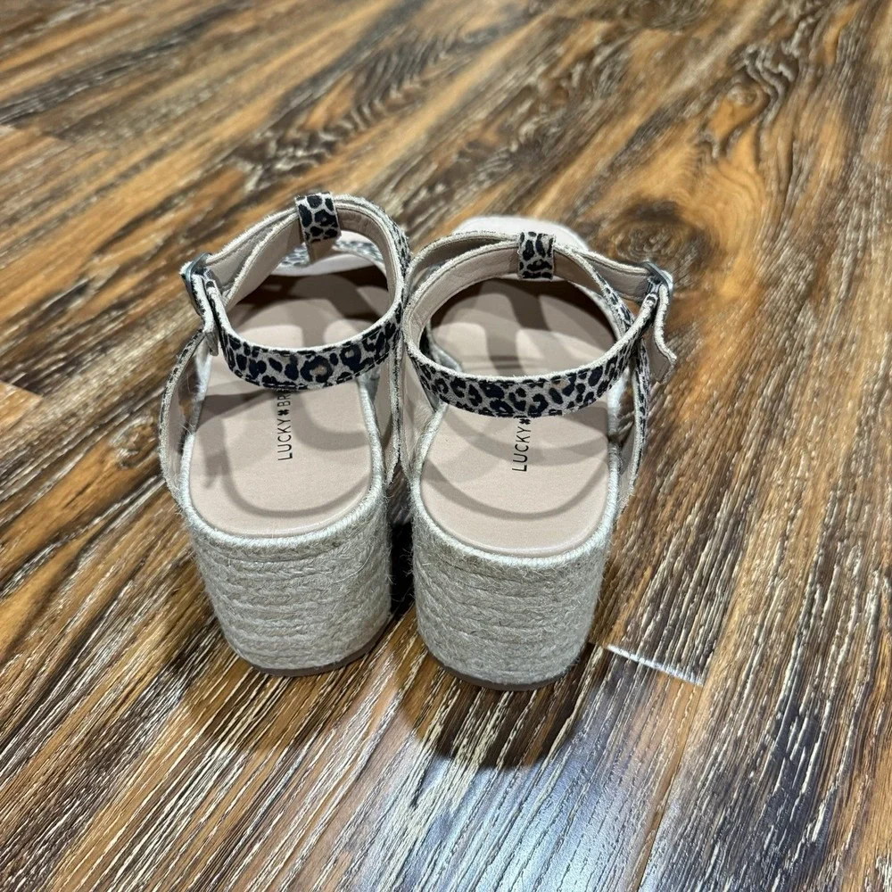Lucky Brand Valki Leopard Print Espadrille Wedge Sandals Tan Black 8.5M LK-VALKI